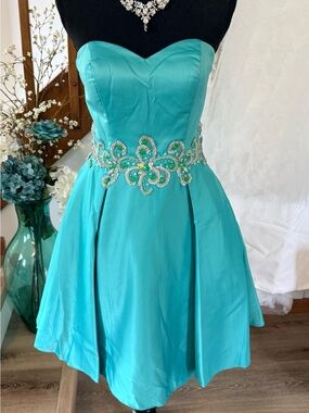 Strapless Turquoise Dress with Beaded Waist